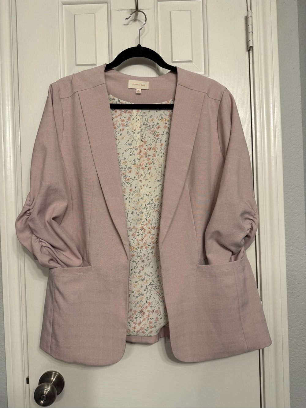 Skies Are Blue Dusty Pink Open-Front Ruched Sleeve Blazer